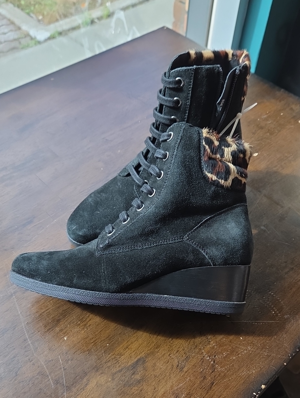 Geox Size EU 37  US 7 NEW Black Suede Wedge Ankle Boots with Leopard Trim